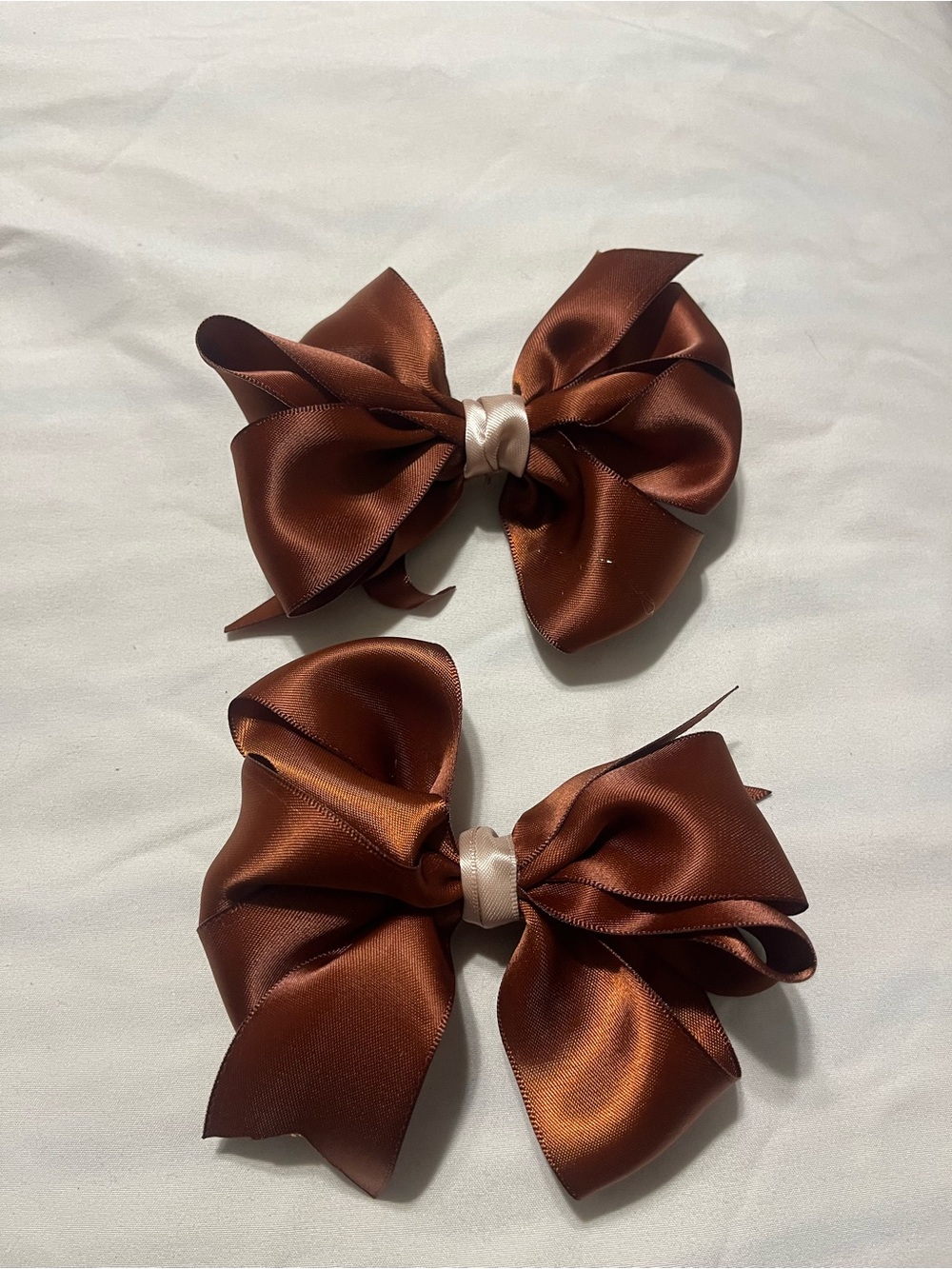 Kids Satin Hair Bows in Brown with Cream Center - Set of 2